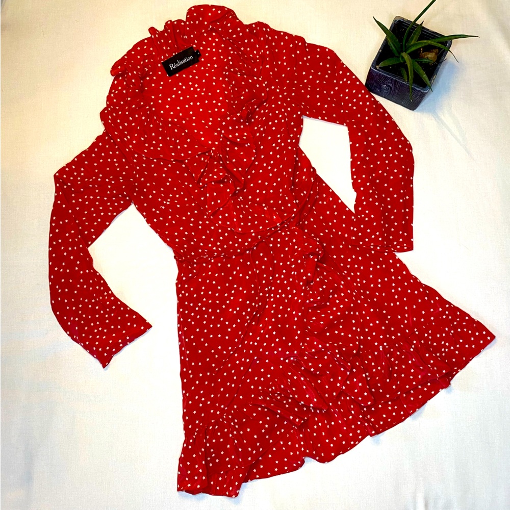 EUC Realisation Par Red Star Print Ruffle Long Sleeve Wrap Mini Summer Dress M